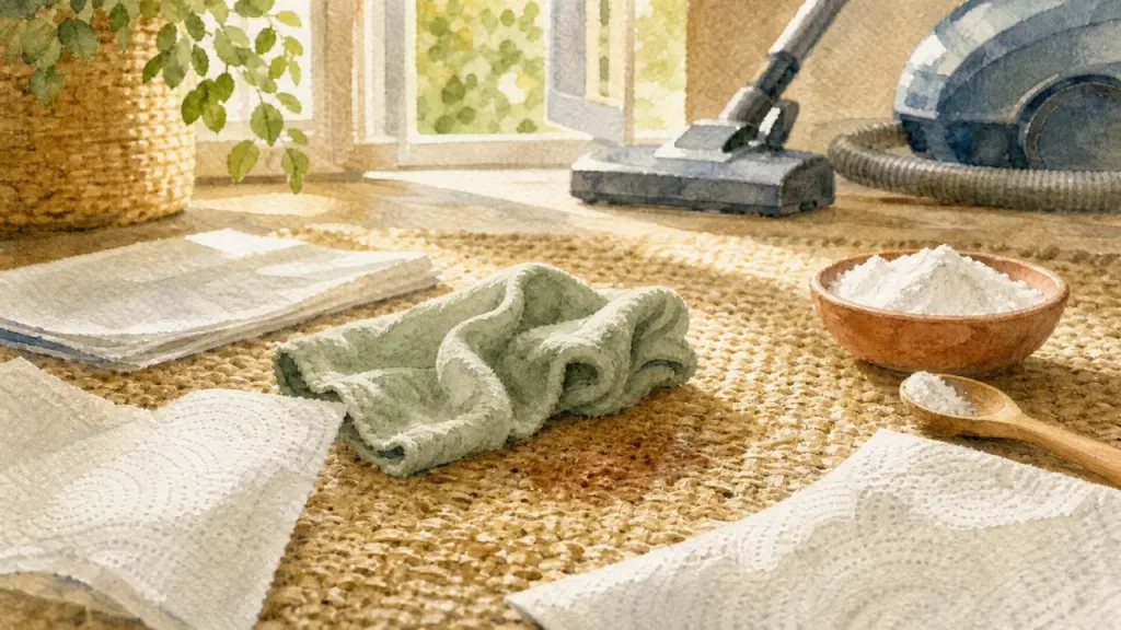 Nettoyer tapis jute à sec sans auréoles : tache tamponnée, bicarbonate et chiffon