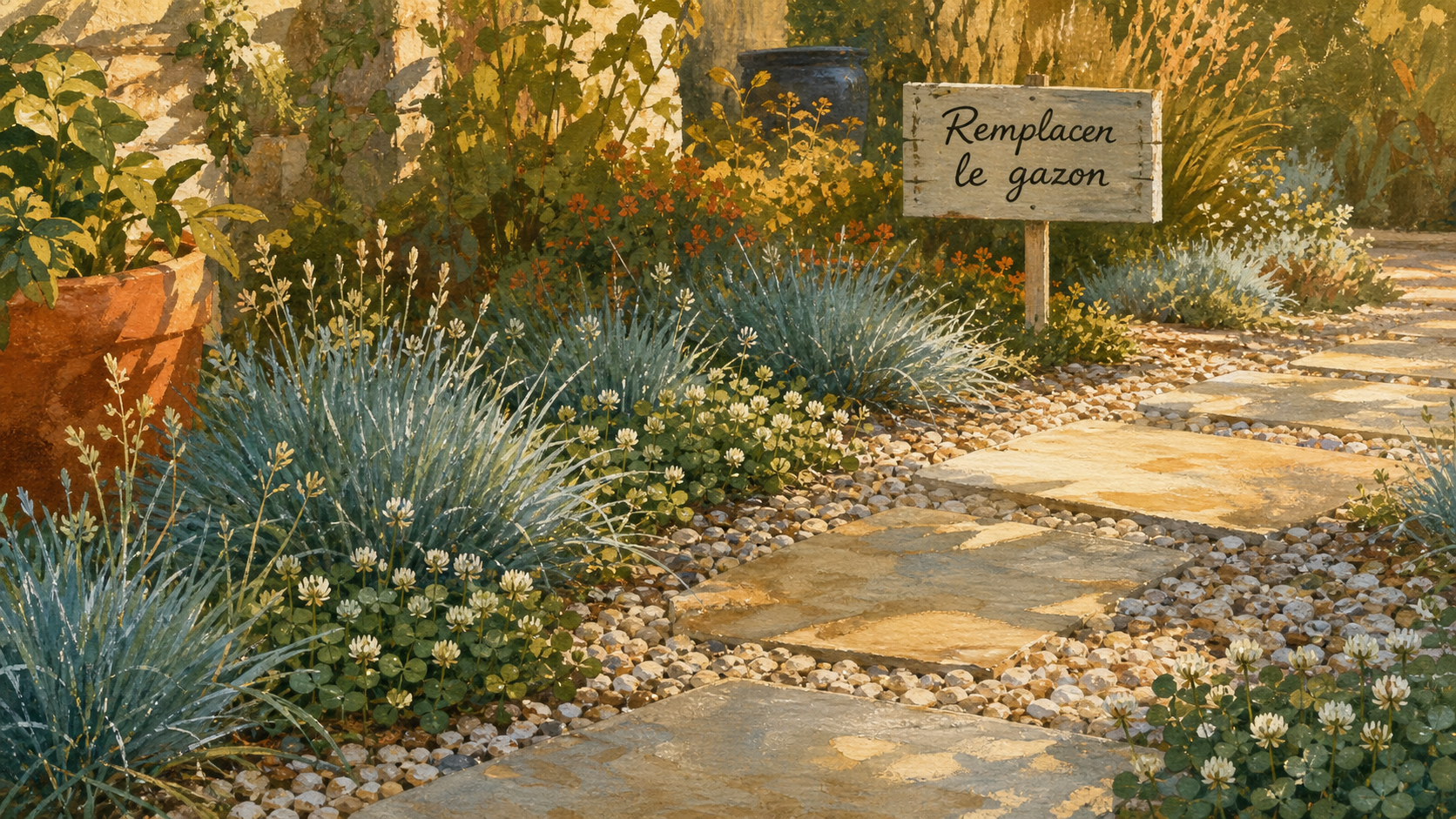 Par quoi remplacer le gazon : jardin sans tonte, graviers et trèfle blanc