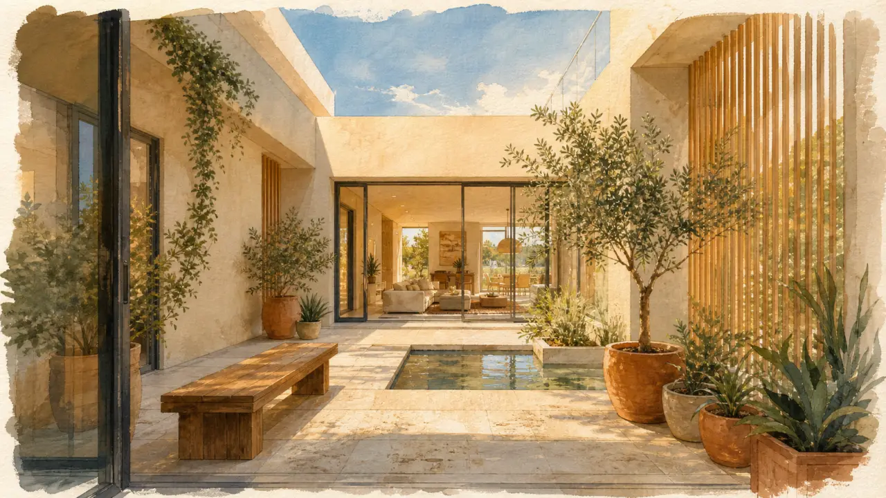 Patio dans maison : lumière et intimité, bassin et plantes