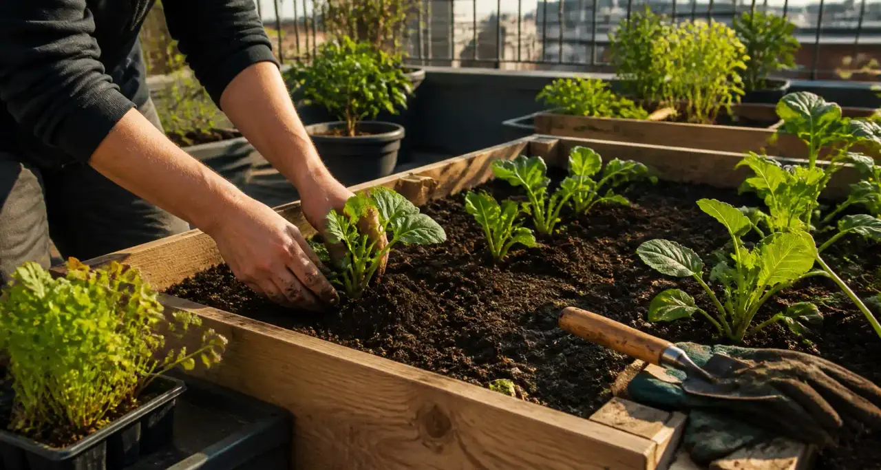 Plantation de jeunes légumes dans un potager surélevé sur une terrasse