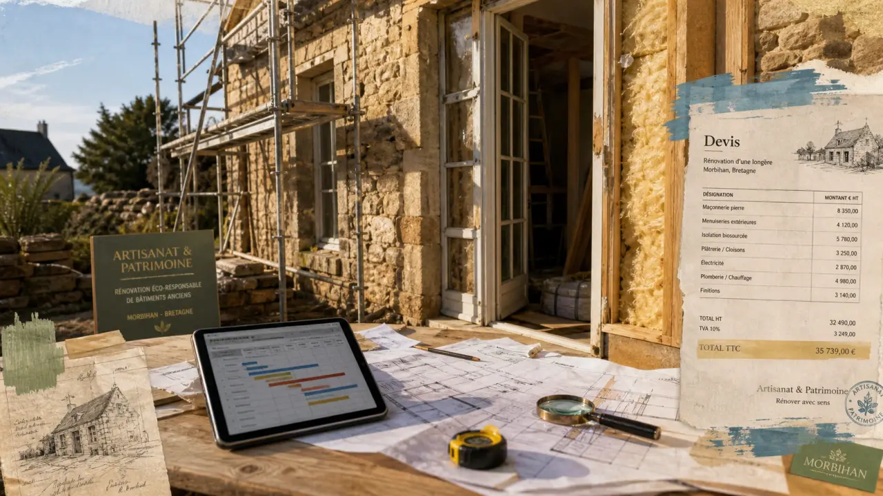 Rénovation maison morbihan : planning de chantier sur table et travaux