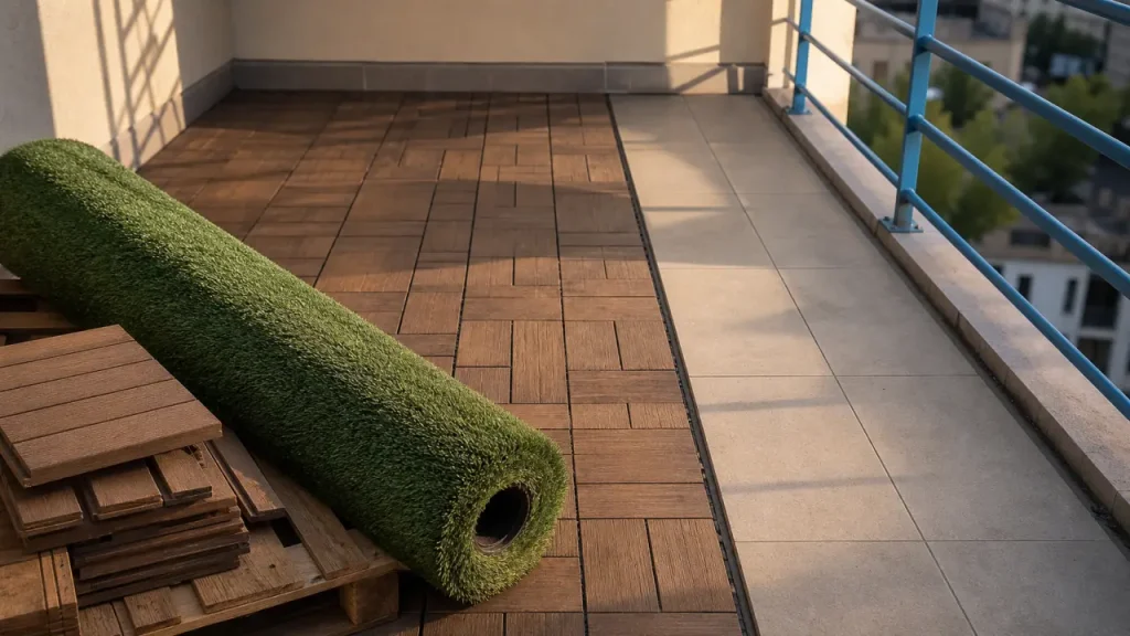 revetement sol balcon : bois, carrelage, gazon synthétique et WPC