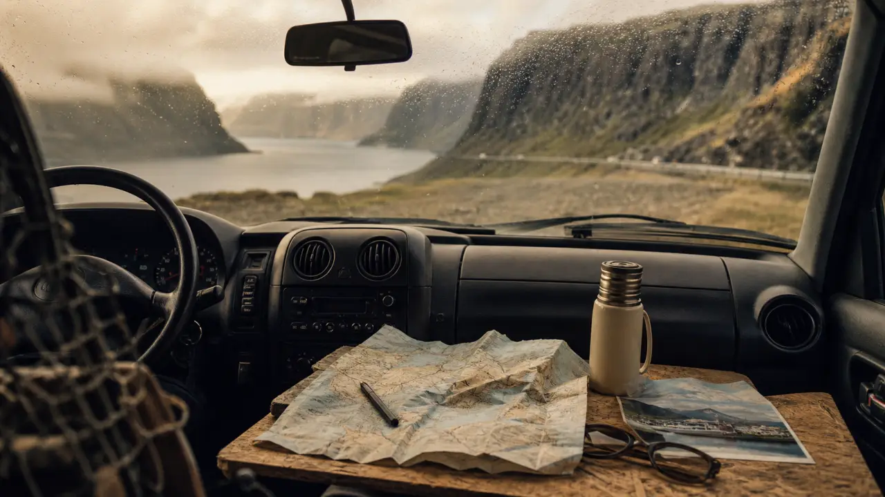 Road trip nord islande : 4x4 avec carte et fjord brumeux