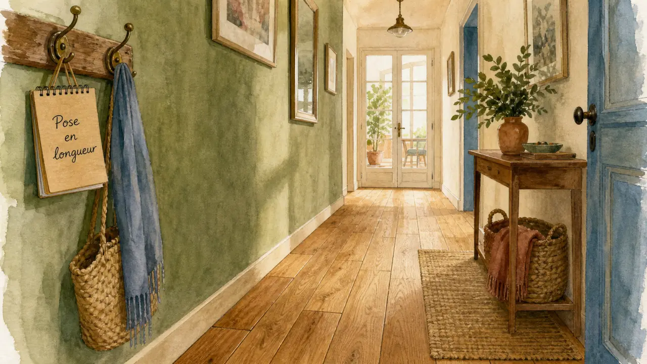 Sens parquet couloir : chêne posé en longueur pour allonger la vue