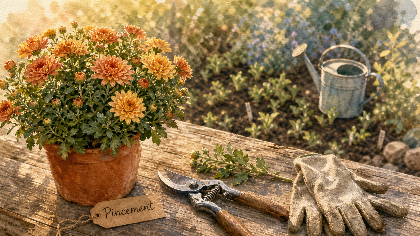 Taille chrysanthème : pincement des tiges et sécateur désinfecté