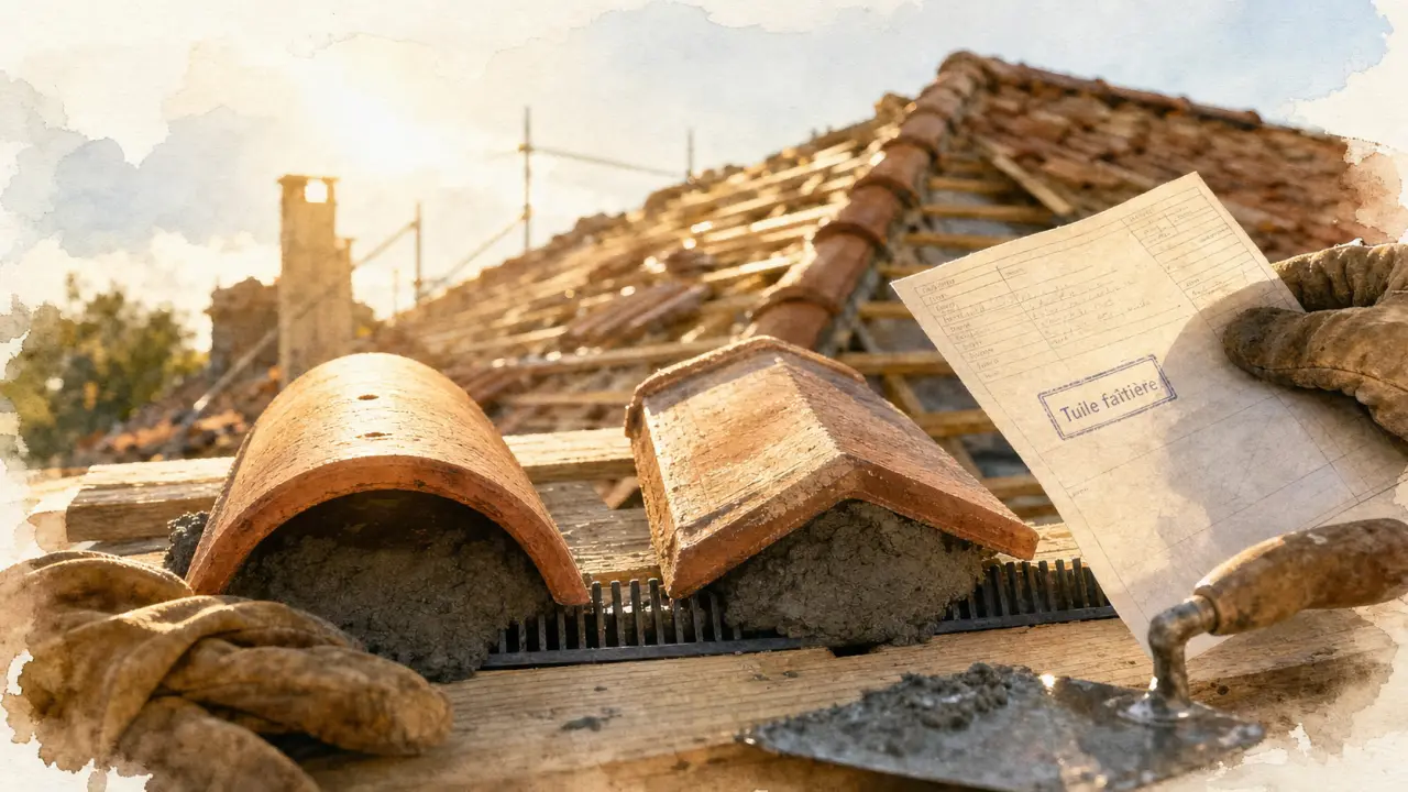 Tuile faitiere en terre cuite sur chantier