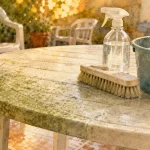 Comment raviver un salon de jardin en plastique vert : table en plastique verdie nettoyée et brossée