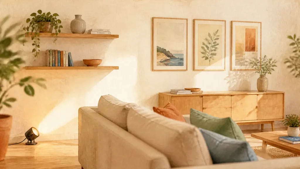 Mur blanc à décorer sans surcharge : cadres, relief et lumière bien dosés