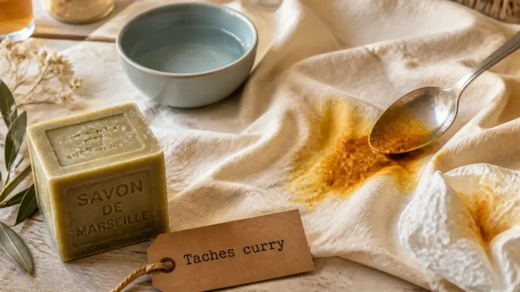 Enlever une tache de curry : eau froide, curcumine et gestes à éviter