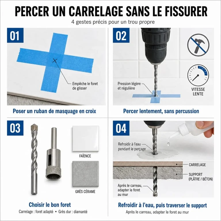Comment percer un carrelage sans le casser, étapes de préparation avec ruban de masquage, foret adapté et percussion désactivée