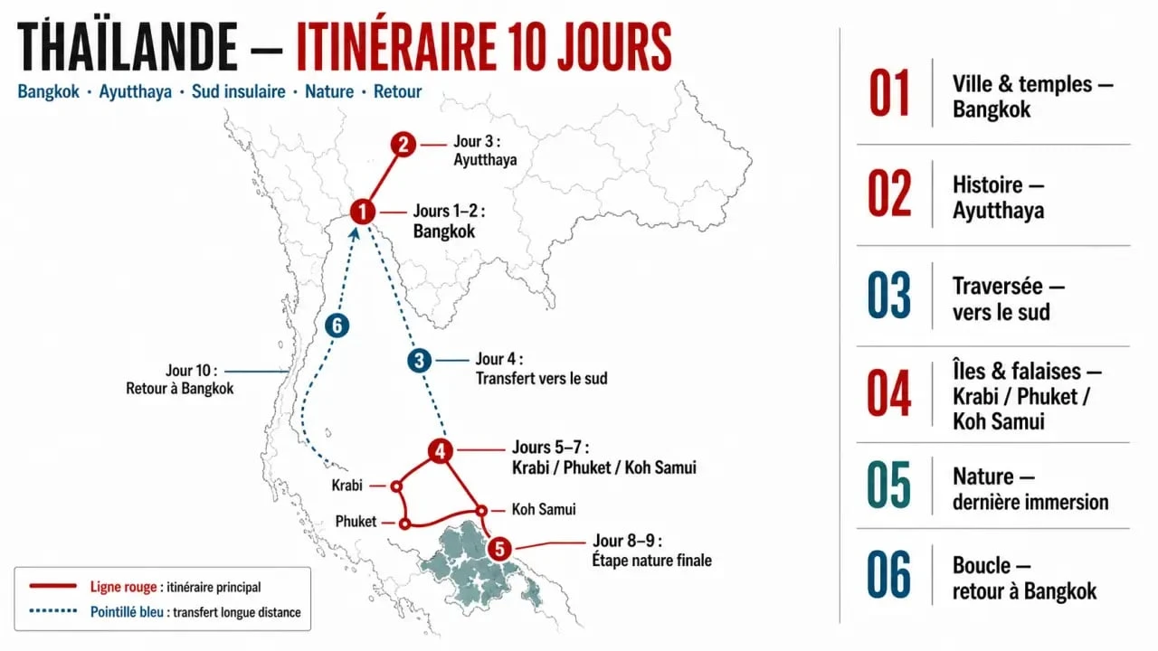 Itinéraire 10 jours thailande illustré entre Bangkok, Ayutthaya et les îles du sud
