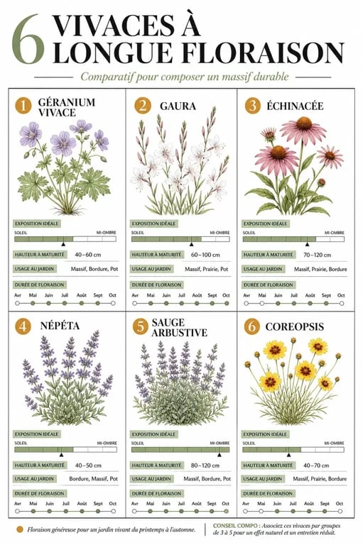 Fleur vivace longue floraison : tableau comparatif des meilleures variétés selon l’exposition, la hauteur et la durée de floraison