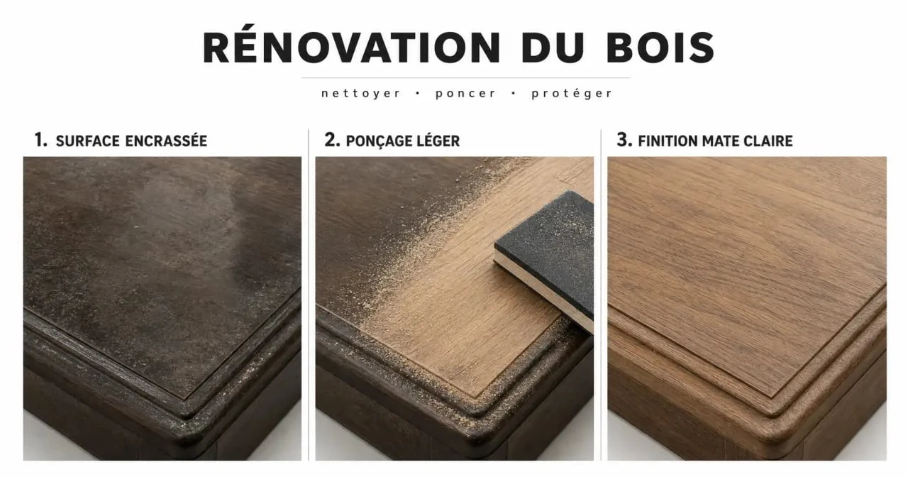 Eclaircir le bois sur un meuble en bois foncé avant et après rénovation