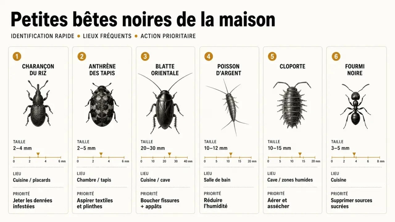 Petit bete noire maison : comparaison visuelle des insectes courants selon la taille, la pièce et l’action à mener