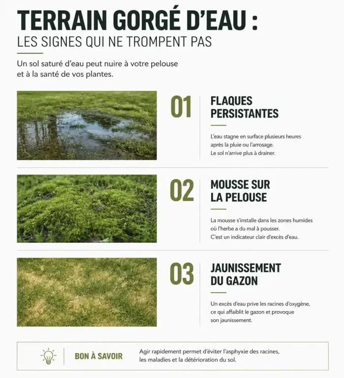 Signes visuels d'un terrain gorgé d'eau nécessitant un drainage