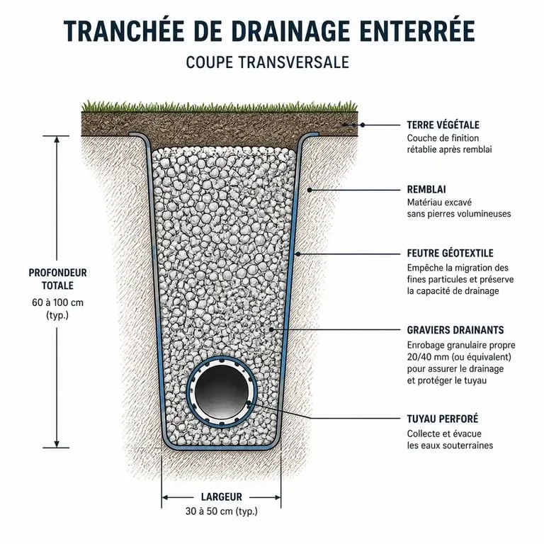 Schéma technique d'une tranchée pour drainer un terrain gorgé d'eau