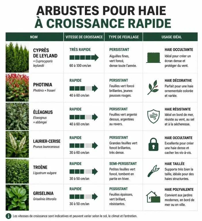 Tableau comparatif des meilleurs arbustes pour haie à croissance rapide pour votre jardin