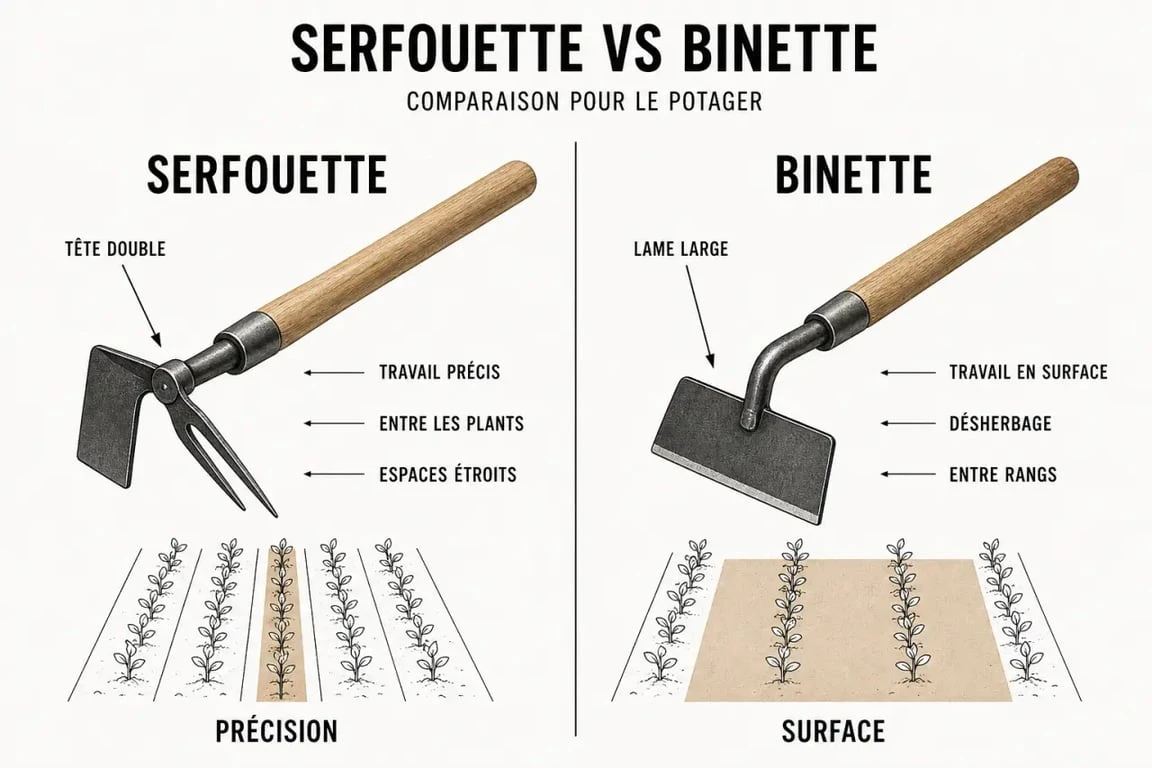 Serfouette ou binette : comparaison visuelle des usages, des têtes et du contexte d’utilisation au jardin