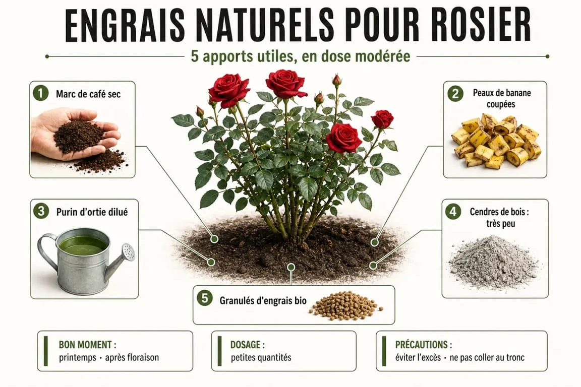 Infographie sur l’engrais rosier naturel : solutions, dosage et précautions pour nourrir les rosiers