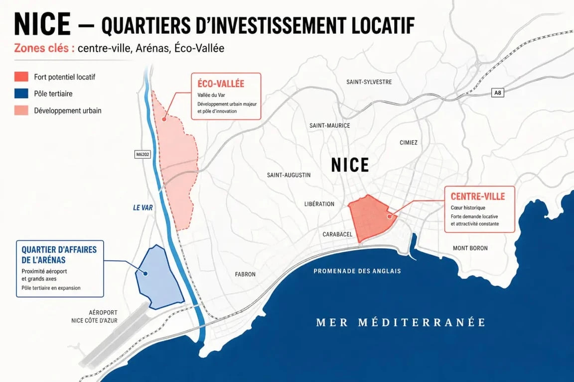Carte des secteurs d'investissement pour la défiscalisation LMNP à Nice