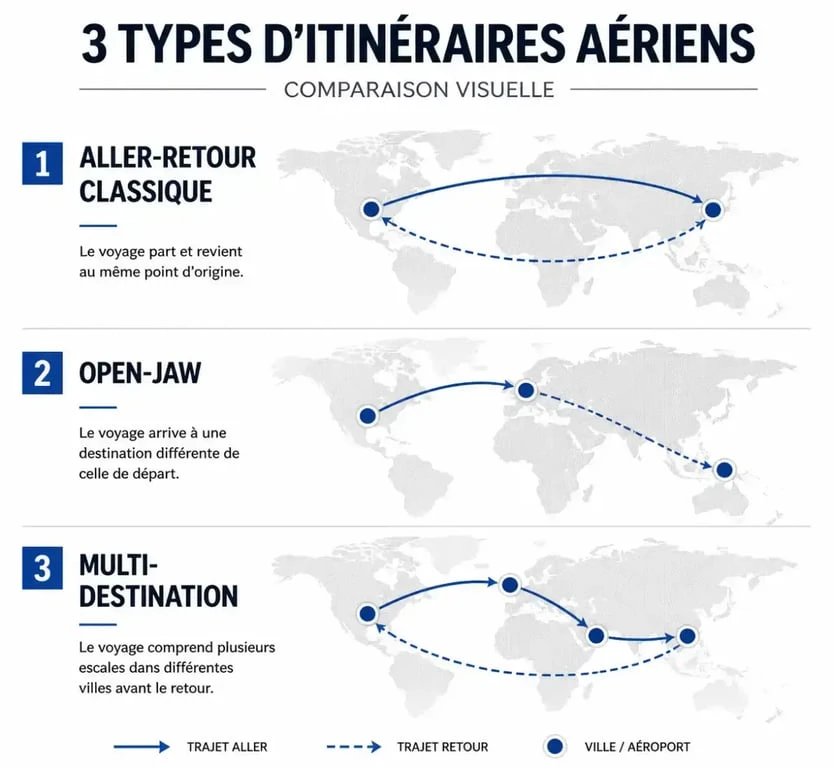 Schéma comparatif des types de billets d'avion multi-destination, open-jaw et aller-retour