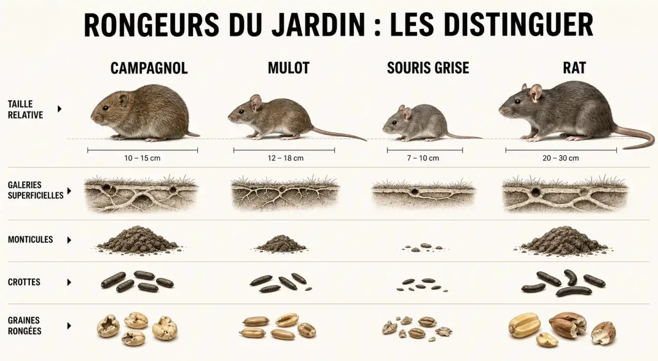 Rongeurs du jardin : comparaison visuelle entre campagnol, mulot, souris grise et rat