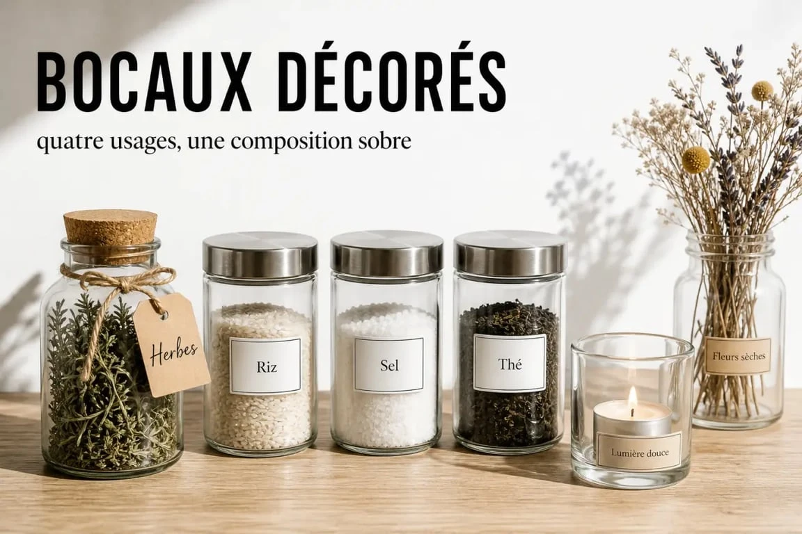 Déco bocaux en verre décorés de styles différents sur une table en bois clair
