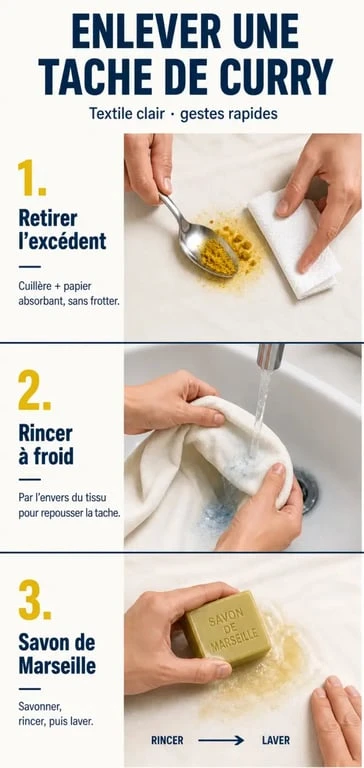 Enlever une tache de curry sur un textile clair avec les gestes essentiels en trois étapes