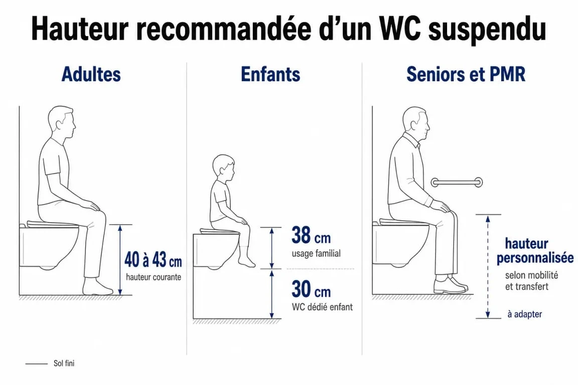 Comparatif des hauteurs toilette suspendu selon adultes, enfants et PMR