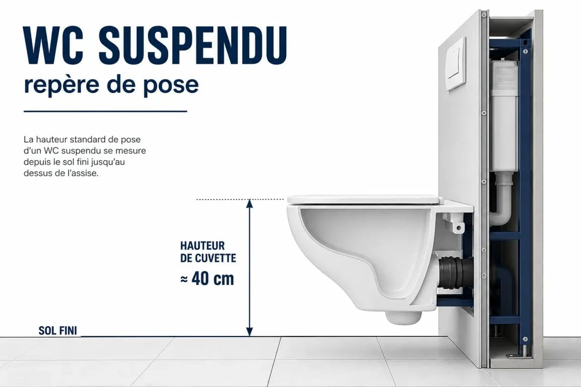 Schéma de hauteur toilette suspendu avec repères de mesure sur sol fini et bâti-support
