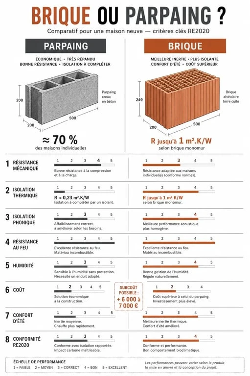 Comparatif brique ou parpaing pour maison neuve, infographie sur isolation, coût, confort et RE2020