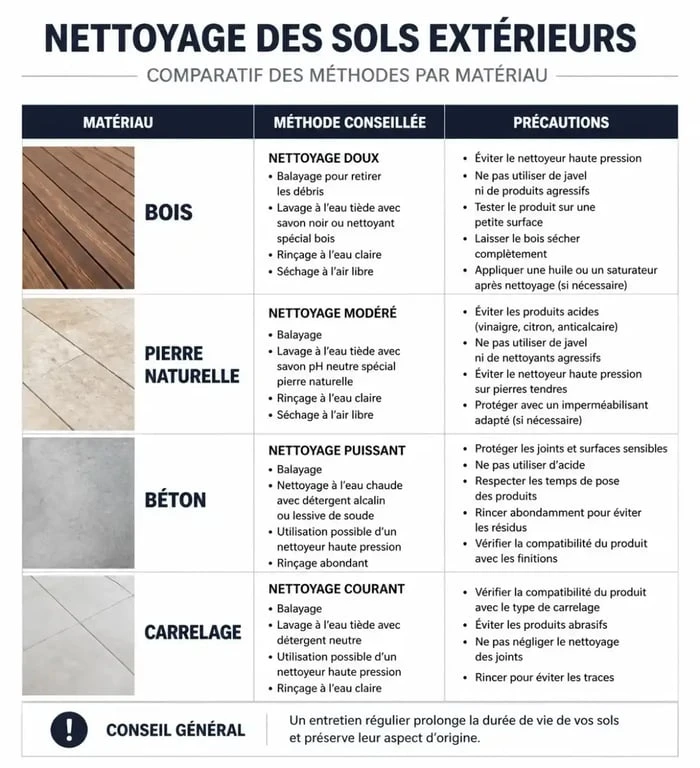 Tableau comparatif des méthodes de nettoyage pour sol extérieur selon le matériau