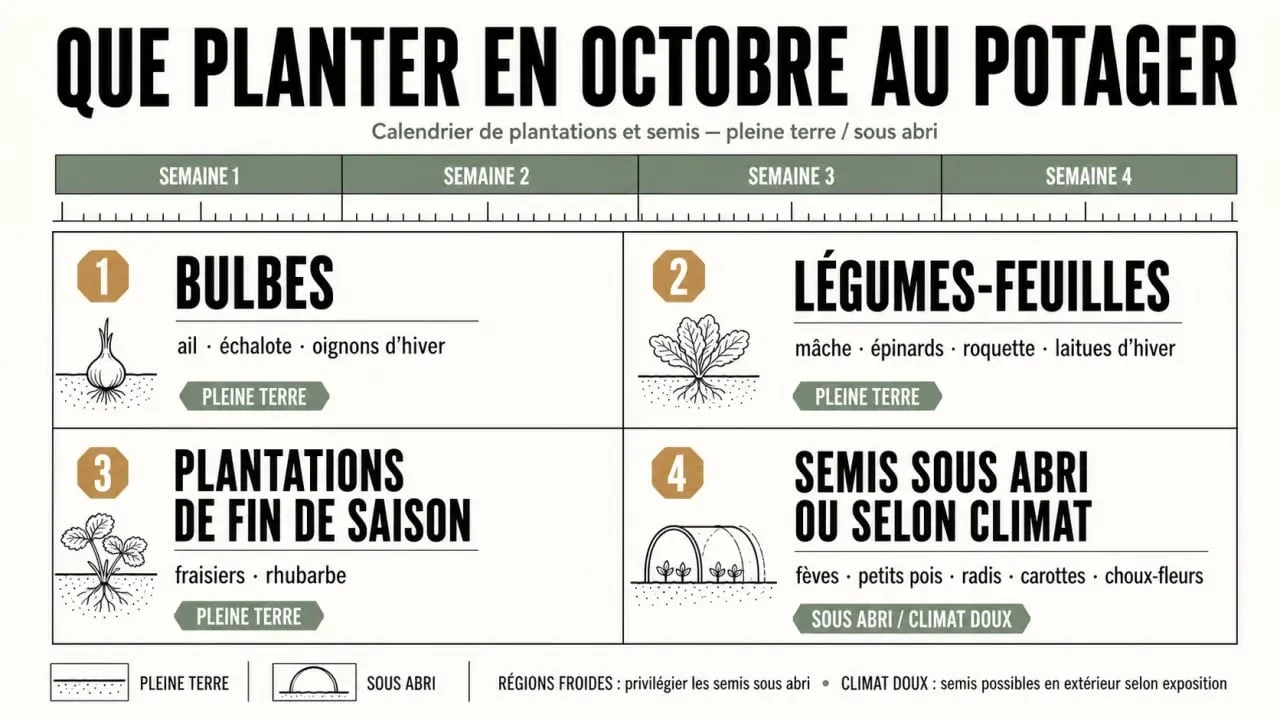 Que planter en octobre au potager : calendrier visuel des semis, plantations et repiquages