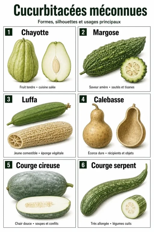 Cucurbitacées liste des espèces moins connues comme la chayotte, la margose et le luffa