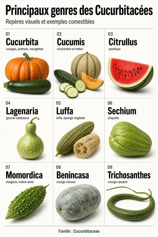 Cucurbitacées liste des principaux genres botaniques et exemples de fruits emblématiques