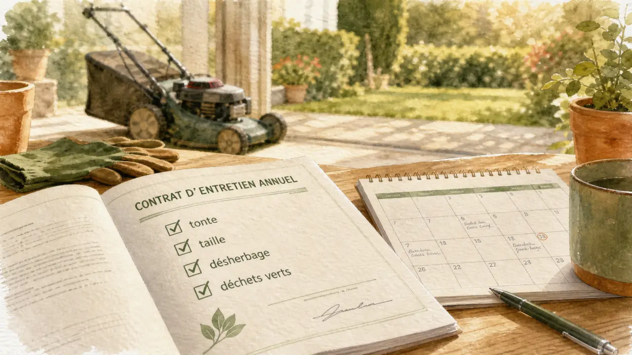 Exemple contrat entretien jardin annuel avec clauses tonte, taille, désherbage et déchets verts