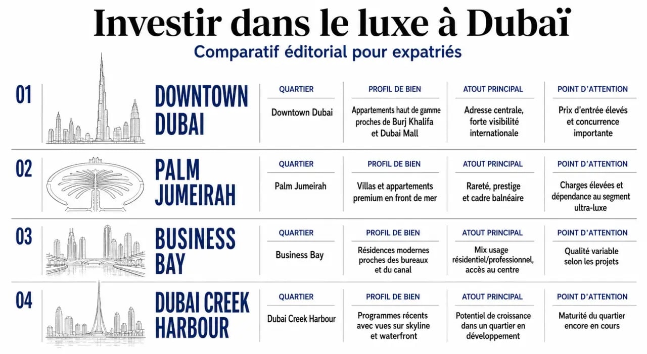 Investir dans l’immobilier de luxe à Dubaï pour les expatriés : comparaison visuelle des quartiers Downtown Dubai, Palm Jumeirah, Business Bay et Dubai Creek Harbour