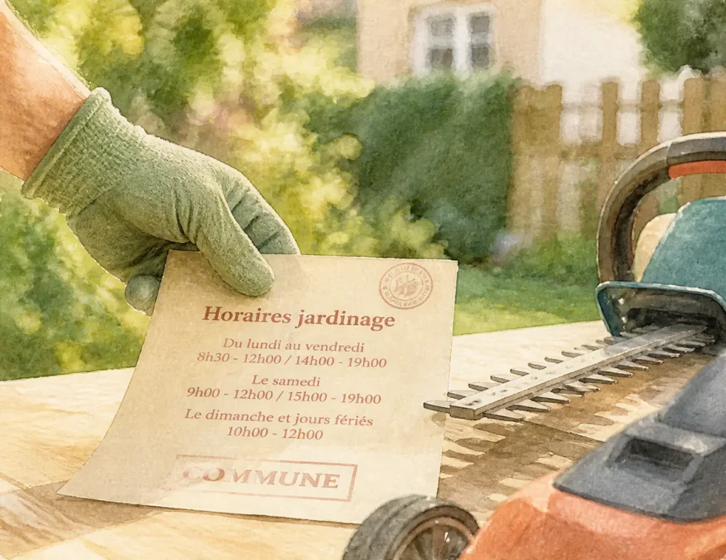 Horaires de jardinage bruyant : 8h30-12h, 10h-12h le dimanche et règles locales à vérifier