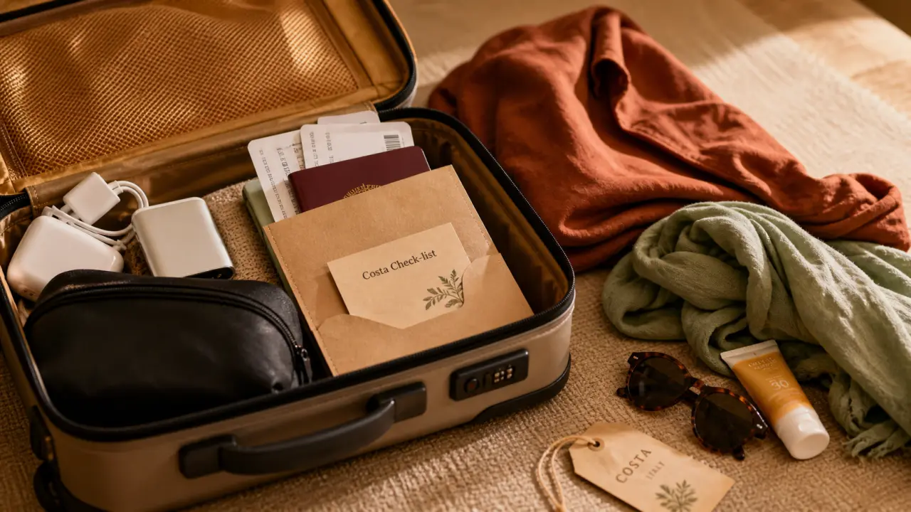 Liste valise croisière Costa : valise cabine ouverte, passeport, check-list, chargeur