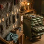 Rangement outil : panneau perforé en atelier, outils suspendus
