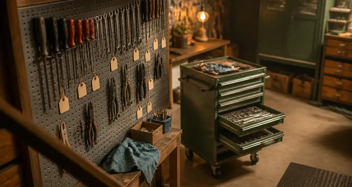 Rangement outil : panneau perforé en atelier, outils suspendus