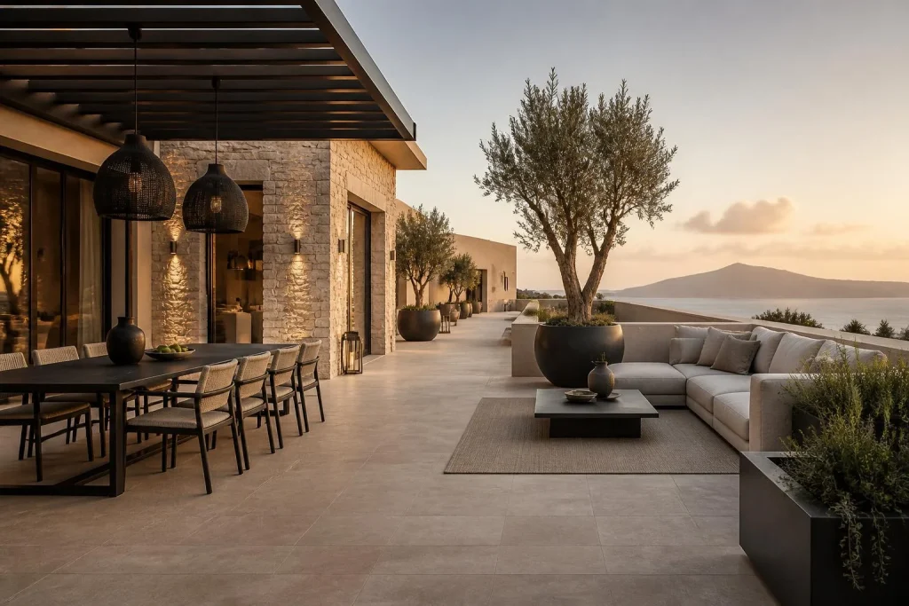 Terrasse de villa de luxe : matériaux nobles, zones distinctes et lumière douce