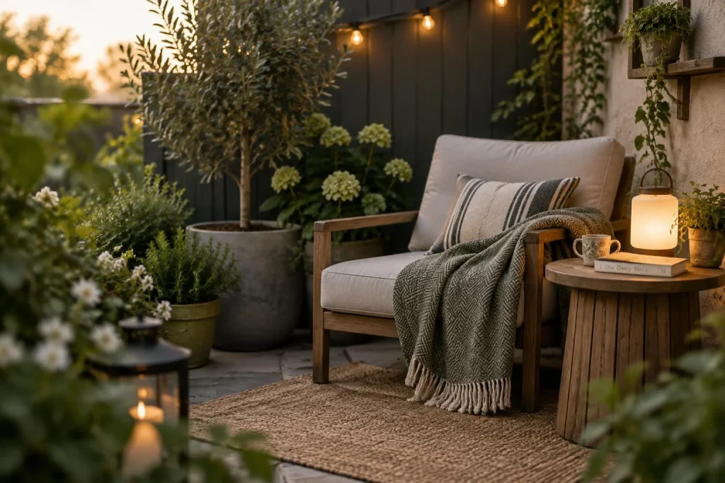 Un coin lecture cocooning au jardin, confortable même dans un petit espace