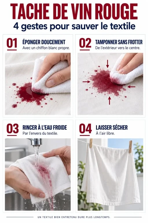 Comment enlever des taches de vin rouge : étapes pour éponger et rincer un textile à l’eau froide
