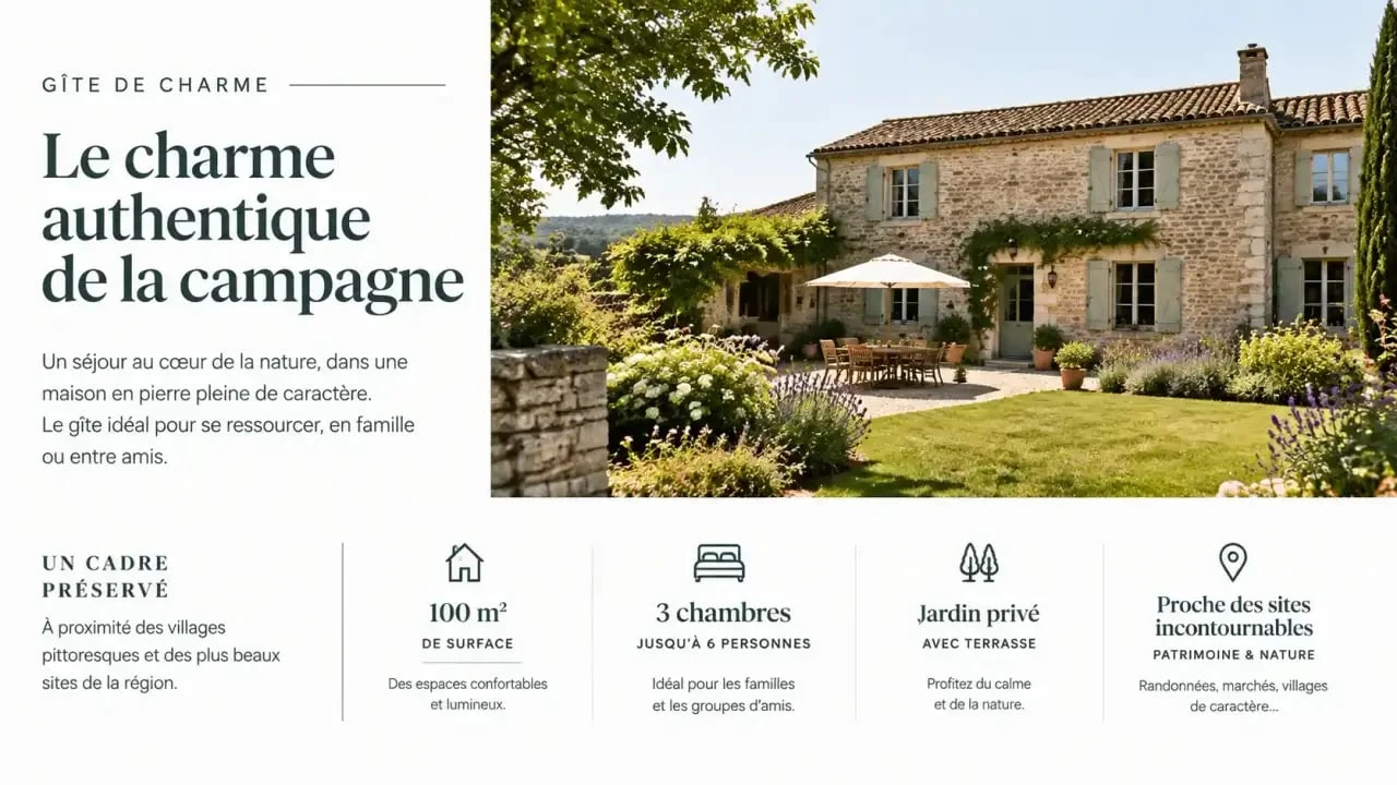 Extérieur d'un gîte de charme authentique en pierre dans la campagne française.