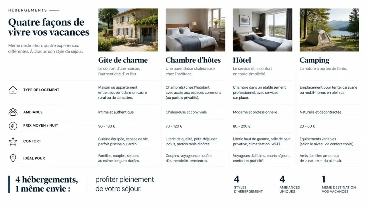 Tableau comparatif des types d'hébergements : gîte de charme, chambre d'hôtes, hôtel et camping.