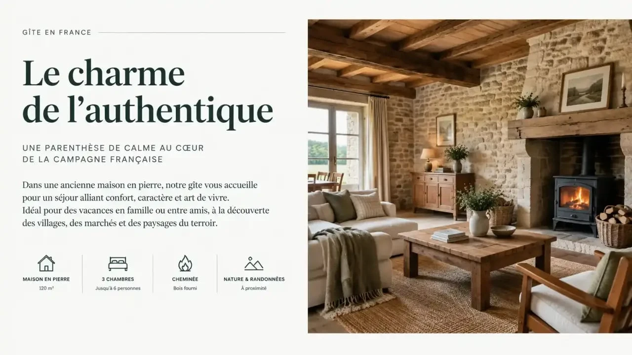 Intérieur chaleureux d'un gîte de charme avec murs en pierre et poutres apparentes.