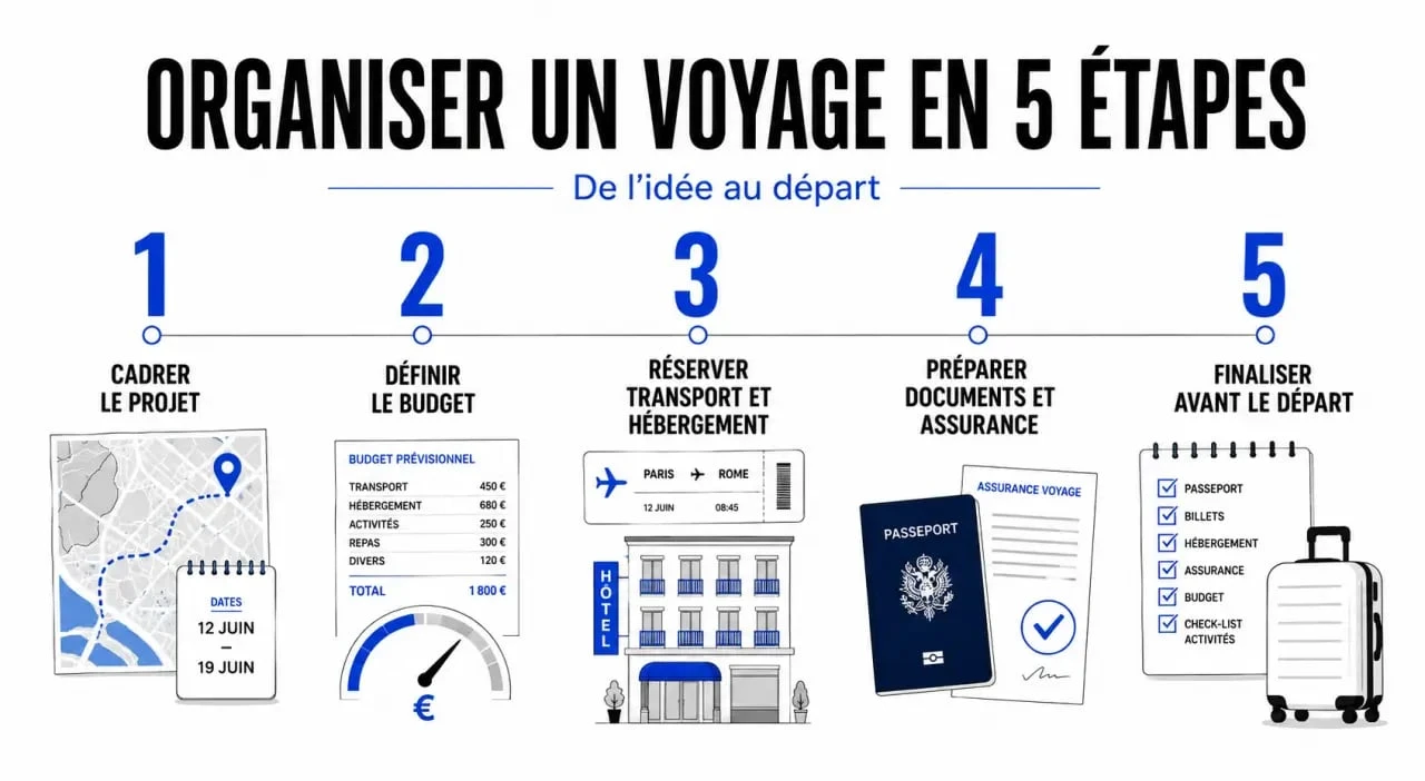 Organiser son voyage étape par étape : illustration des 5 étapes clés de la planification d'un voyage