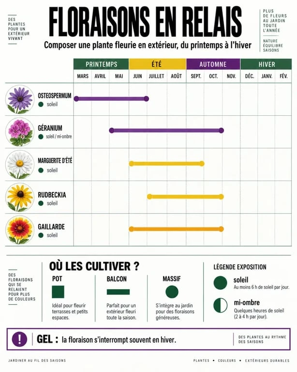 Plante qui fleurit toute l'année : succession de floraisons selon les saisons, l'exposition et l'usage