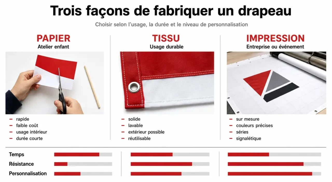 Fabriquer drapeau : comparaison visuelle entre papier, tissu et drapeau imprimé personnalisé